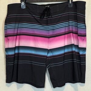 G-152 Men’s No Boundaries NWT Black Pink & Teal Stripe Swim Board Shorts Size 42